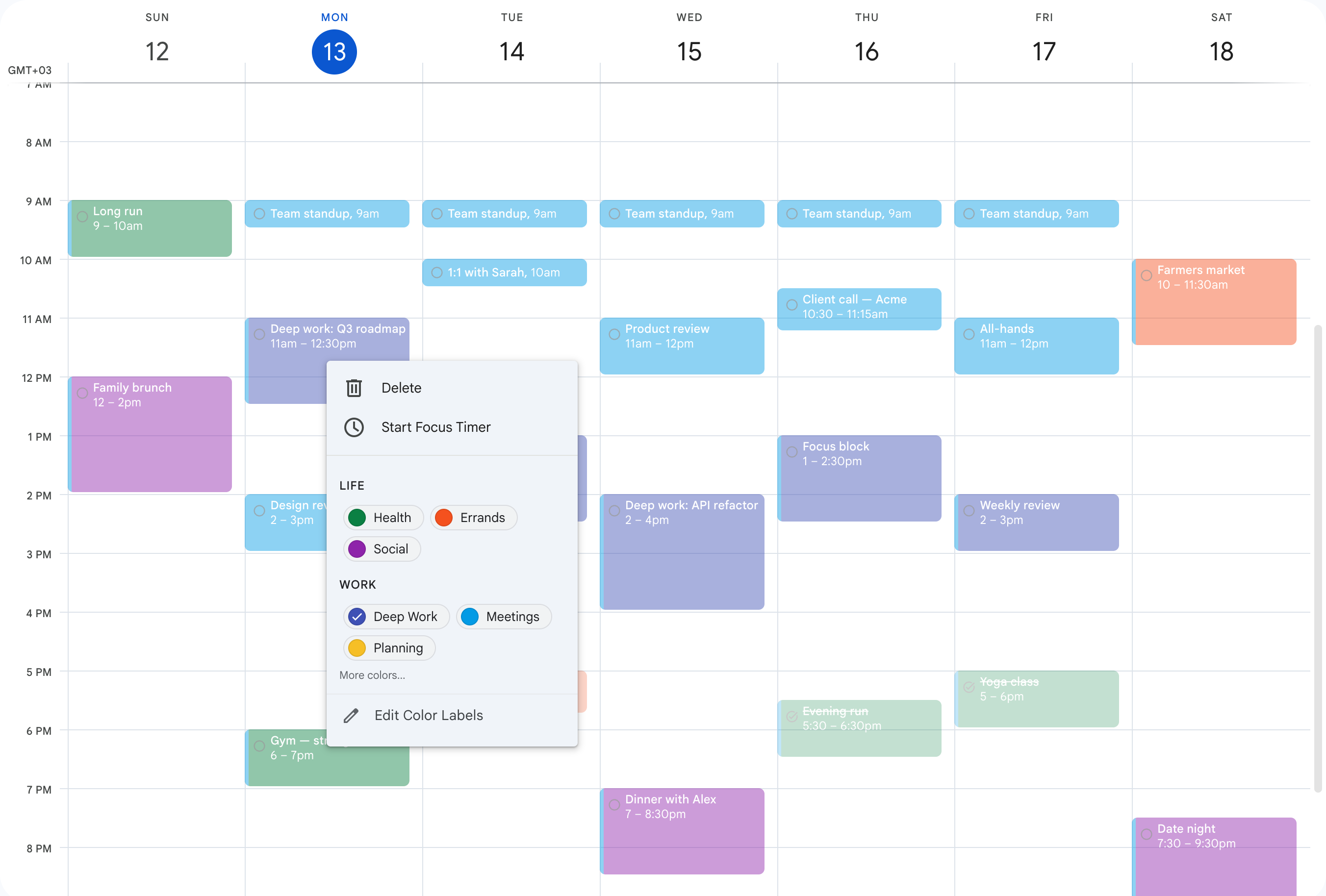 A colorful, organized week in Google Calendar with Calendar Clarity